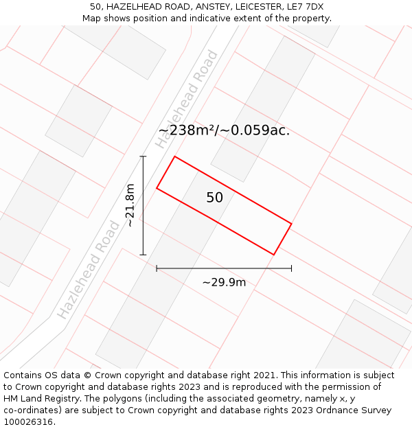 50, HAZELHEAD ROAD, ANSTEY, LEICESTER, LE7 7DX: Plot and title map