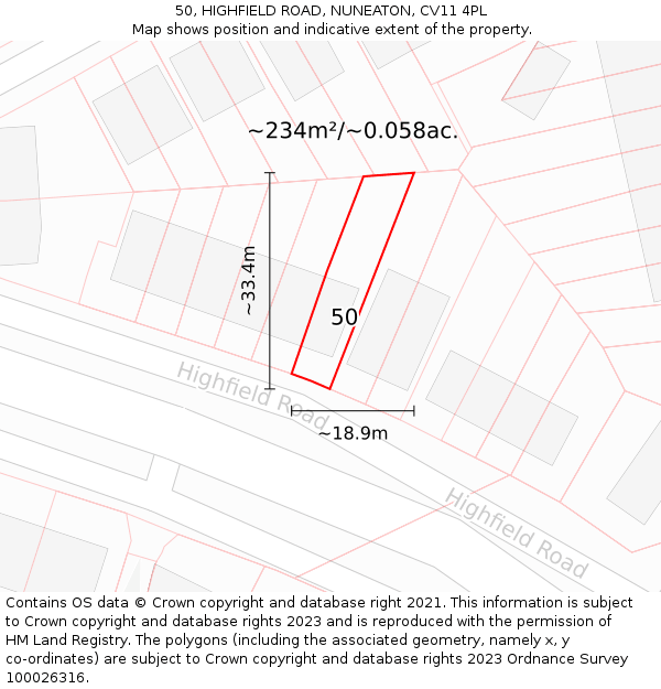 50, HIGHFIELD ROAD, NUNEATON, CV11 4PL: Plot and title map