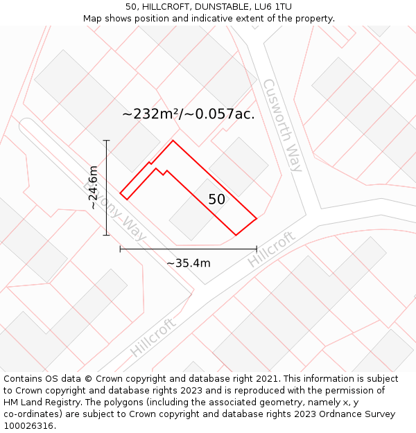 50, HILLCROFT, DUNSTABLE, LU6 1TU: Plot and title map