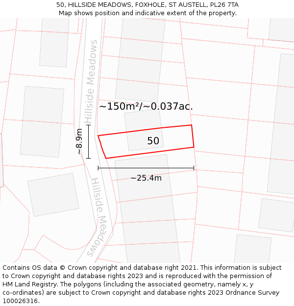 50, HILLSIDE MEADOWS, FOXHOLE, ST AUSTELL, PL26 7TA: Plot and title map