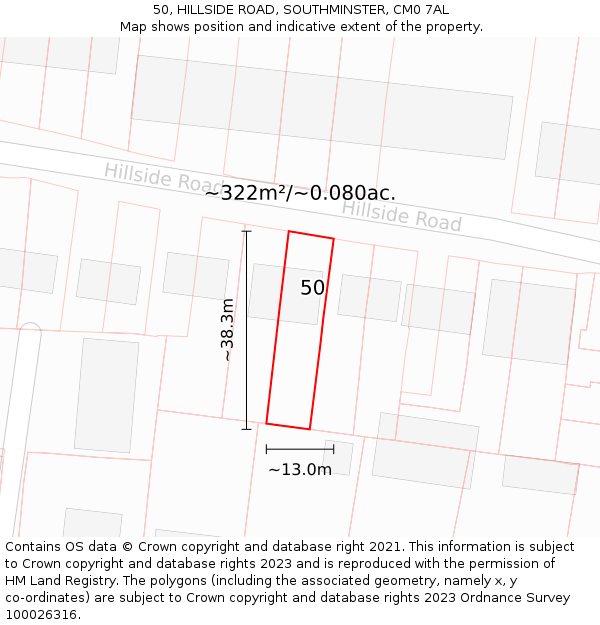 50, HILLSIDE ROAD, SOUTHMINSTER, CM0 7AL: Plot and title map