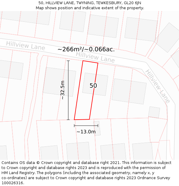 50, HILLVIEW LANE, TWYNING, TEWKESBURY, GL20 6JN: Plot and title map