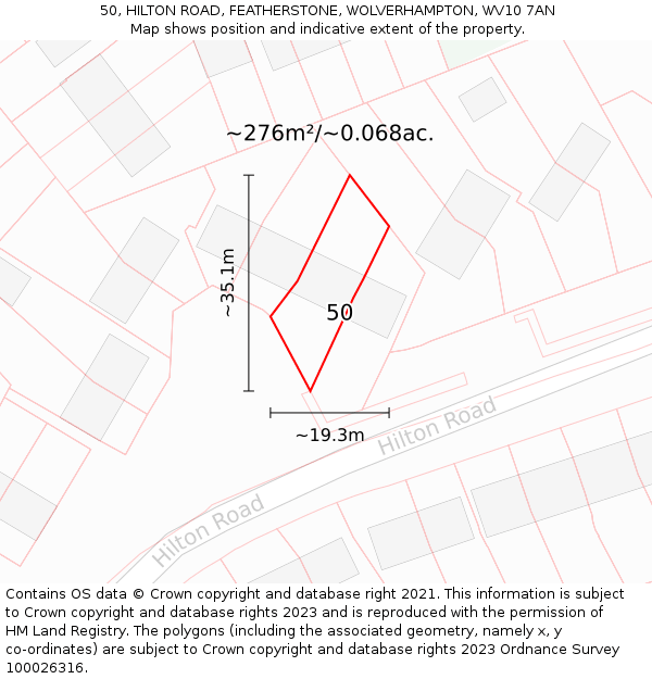 50, HILTON ROAD, FEATHERSTONE, WOLVERHAMPTON, WV10 7AN: Plot and title map