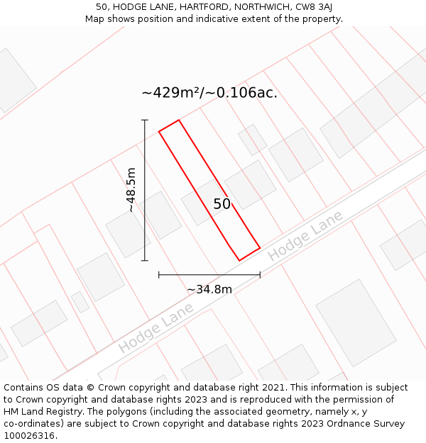 50, HODGE LANE, HARTFORD, NORTHWICH, CW8 3AJ: Plot and title map