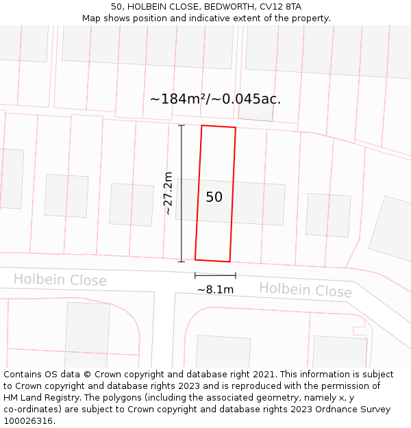 50, HOLBEIN CLOSE, BEDWORTH, CV12 8TA: Plot and title map