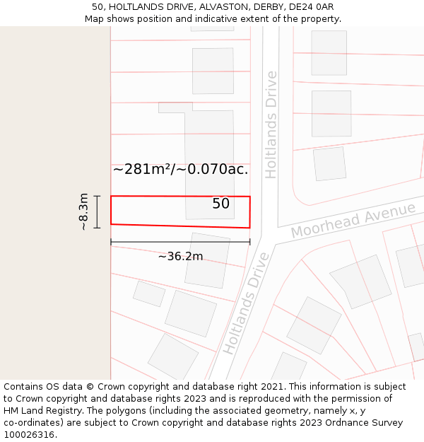50, HOLTLANDS DRIVE, ALVASTON, DERBY, DE24 0AR: Plot and title map