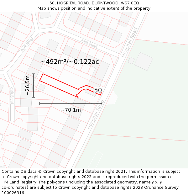 50, HOSPITAL ROAD, BURNTWOOD, WS7 0EQ: Plot and title map