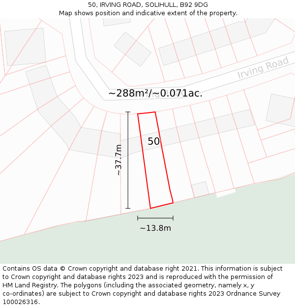 50, IRVING ROAD, SOLIHULL, B92 9DG: Plot and title map