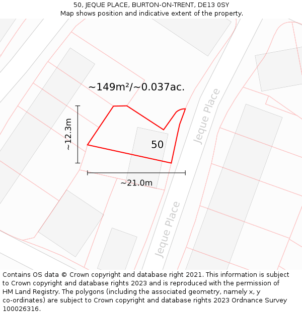 50, JEQUE PLACE, BURTON-ON-TRENT, DE13 0SY: Plot and title map