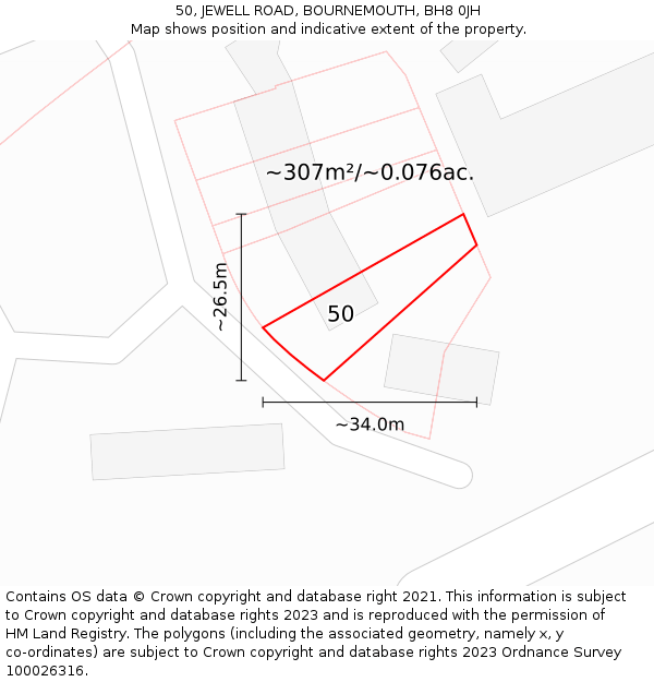 50, JEWELL ROAD, BOURNEMOUTH, BH8 0JH: Plot and title map