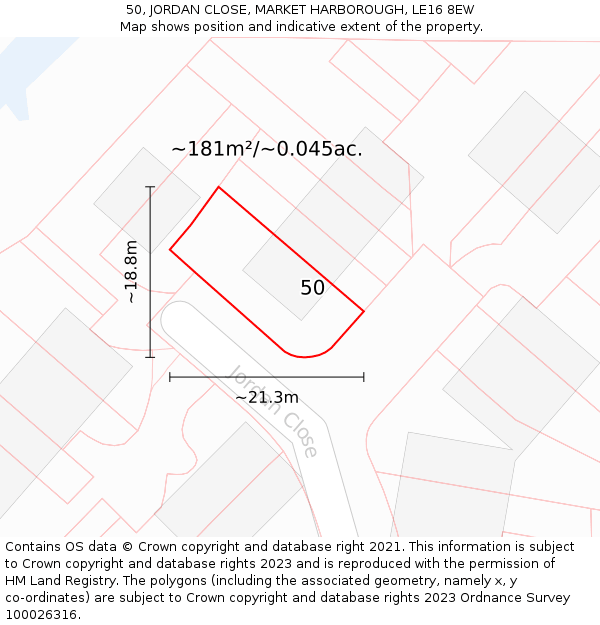 50, JORDAN CLOSE, MARKET HARBOROUGH, LE16 8EW: Plot and title map