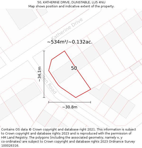 50, KATHERINE DRIVE, DUNSTABLE, LU5 4NU: Plot and title map