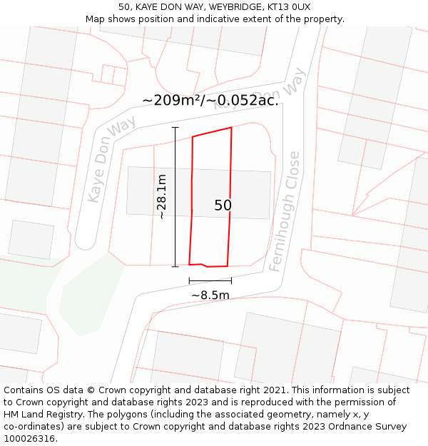 50, KAYE DON WAY, WEYBRIDGE, KT13 0UX: Plot and title map