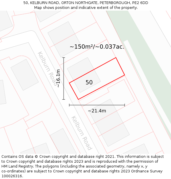 50, KELBURN ROAD, ORTON NORTHGATE, PETERBOROUGH, PE2 6DD: Plot and title map