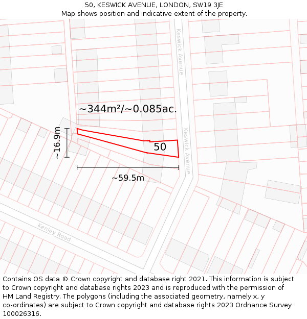 50, KESWICK AVENUE, LONDON, SW19 3JE: Plot and title map