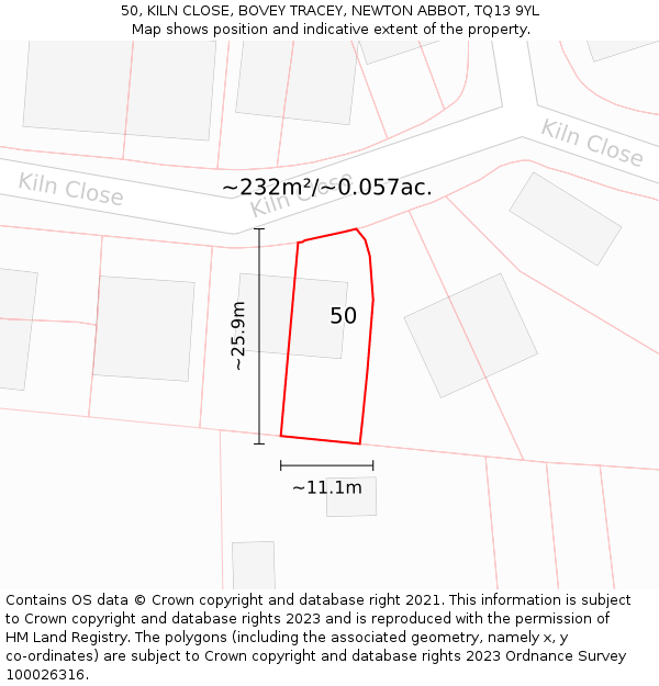 50, KILN CLOSE, BOVEY TRACEY, NEWTON ABBOT, TQ13 9YL: Plot and title map
