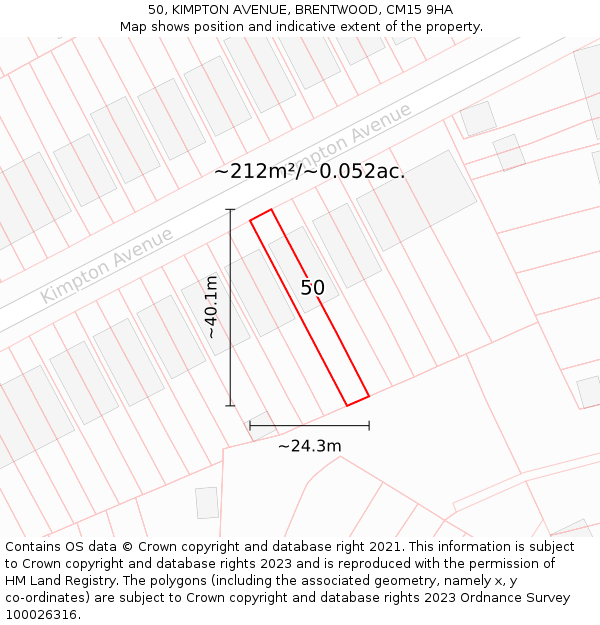 50, KIMPTON AVENUE, BRENTWOOD, CM15 9HA: Plot and title map
