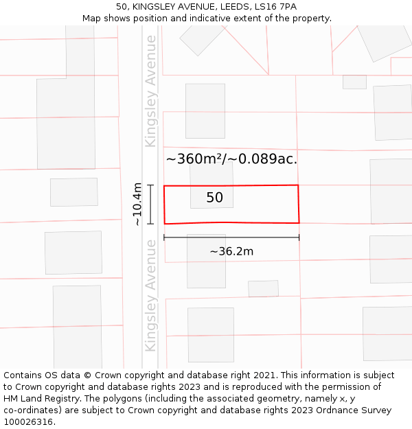 50, KINGSLEY AVENUE, LEEDS, LS16 7PA: Plot and title map