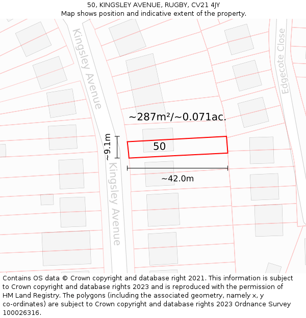 50, KINGSLEY AVENUE, RUGBY, CV21 4JY: Plot and title map