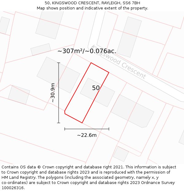 50, KINGSWOOD CRESCENT, RAYLEIGH, SS6 7BH: Plot and title map