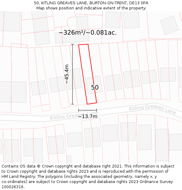 50, KITLING GREAVES LANE, BURTON-ON-TRENT, DE13 0PA: Plot and title map