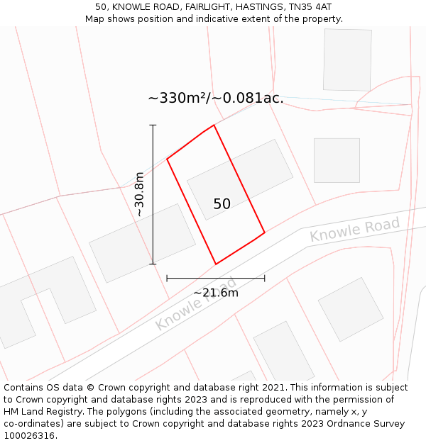 50, KNOWLE ROAD, FAIRLIGHT, HASTINGS, TN35 4AT: Plot and title map