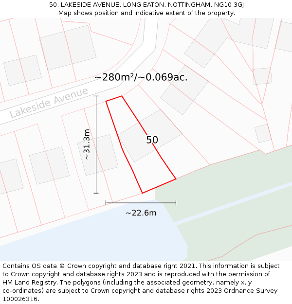 50, LAKESIDE AVENUE, LONG EATON, NOTTINGHAM, NG10 3GJ: Plot and title map
