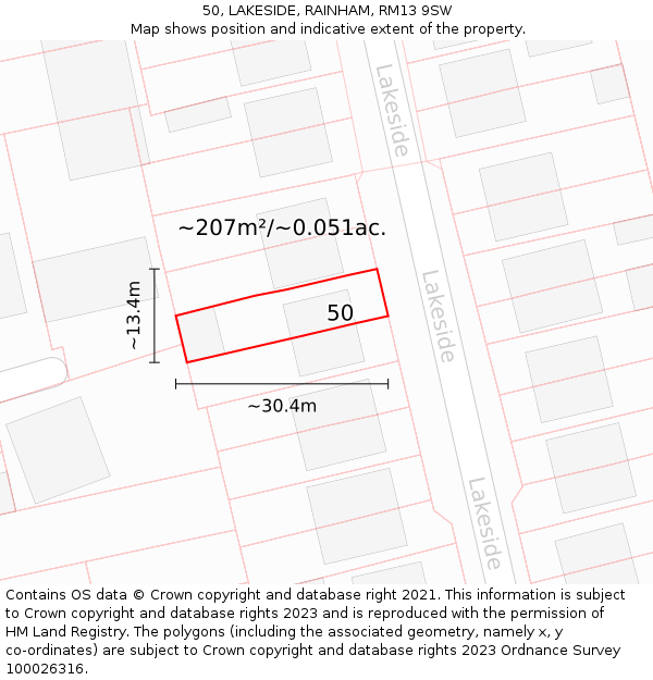 50, LAKESIDE, RAINHAM, RM13 9SW: Plot and title map