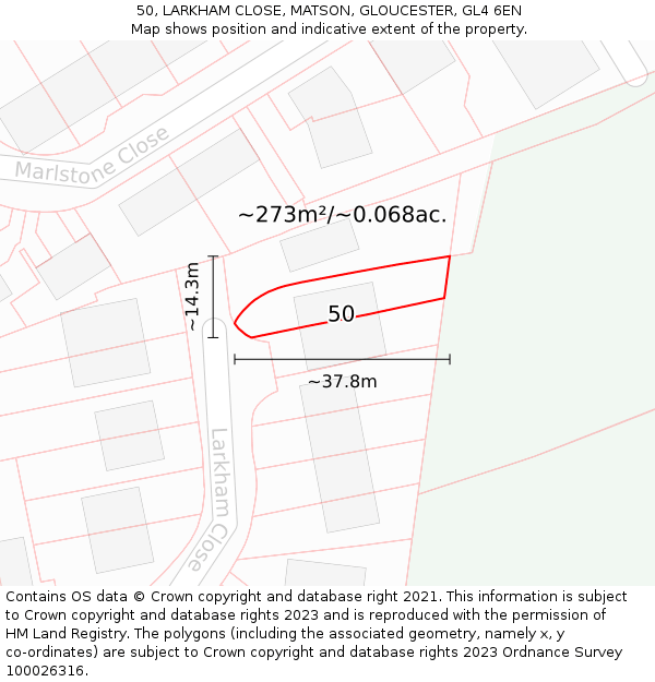 50, LARKHAM CLOSE, MATSON, GLOUCESTER, GL4 6EN: Plot and title map