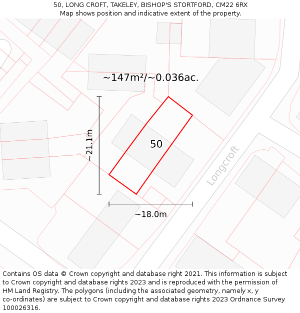 50, LONG CROFT, TAKELEY, BISHOP'S STORTFORD, CM22 6RX: Plot and title map