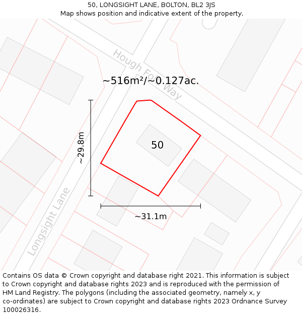 50, LONGSIGHT LANE, BOLTON, BL2 3JS: Plot and title map