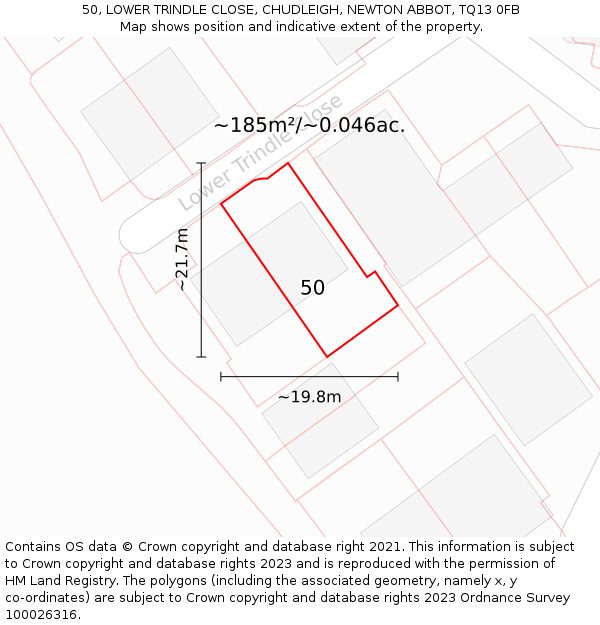 50, LOWER TRINDLE CLOSE, CHUDLEIGH, NEWTON ABBOT, TQ13 0FB: Plot and title map