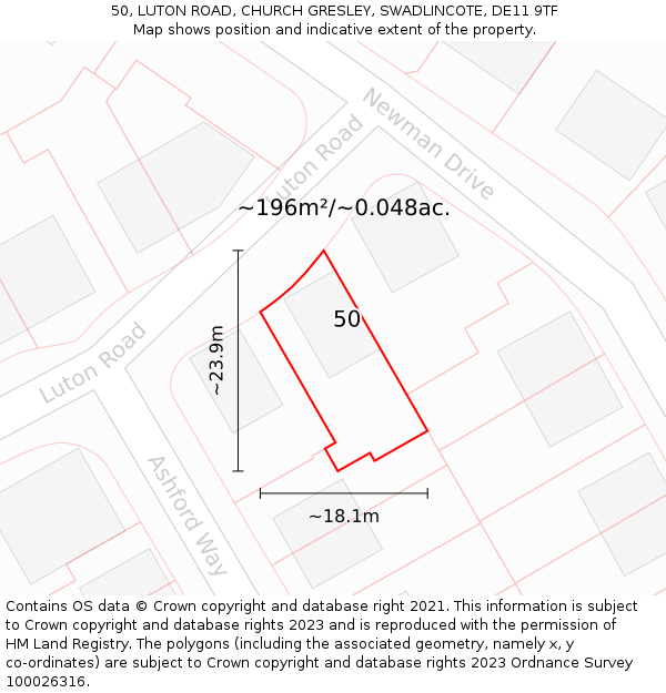 50, LUTON ROAD, CHURCH GRESLEY, SWADLINCOTE, DE11 9TF: Plot and title map