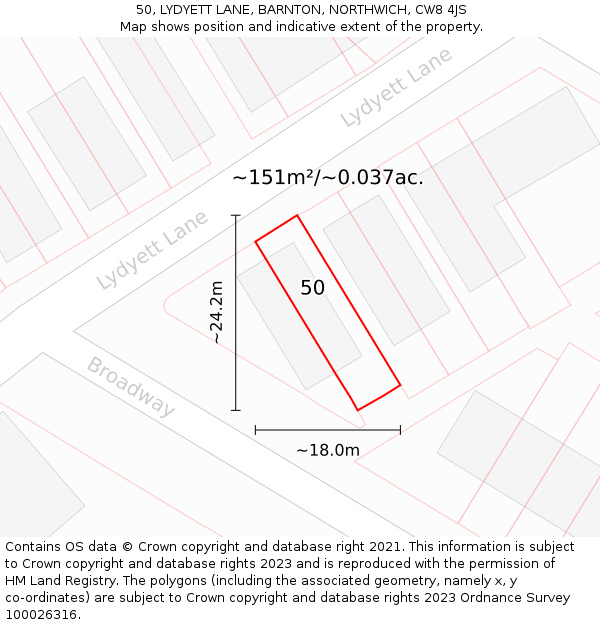 50, LYDYETT LANE, BARNTON, NORTHWICH, CW8 4JS: Plot and title map