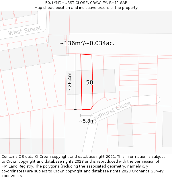 50, LYNDHURST CLOSE, CRAWLEY, RH11 8AR: Plot and title map