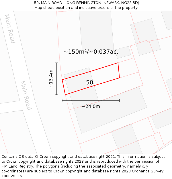 50, MAIN ROAD, LONG BENNINGTON, NEWARK, NG23 5DJ: Plot and title map