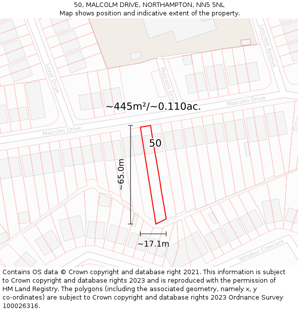50, MALCOLM DRIVE, NORTHAMPTON, NN5 5NL: Plot and title map