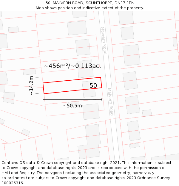 50, MALVERN ROAD, SCUNTHORPE, DN17 1EN: Plot and title map