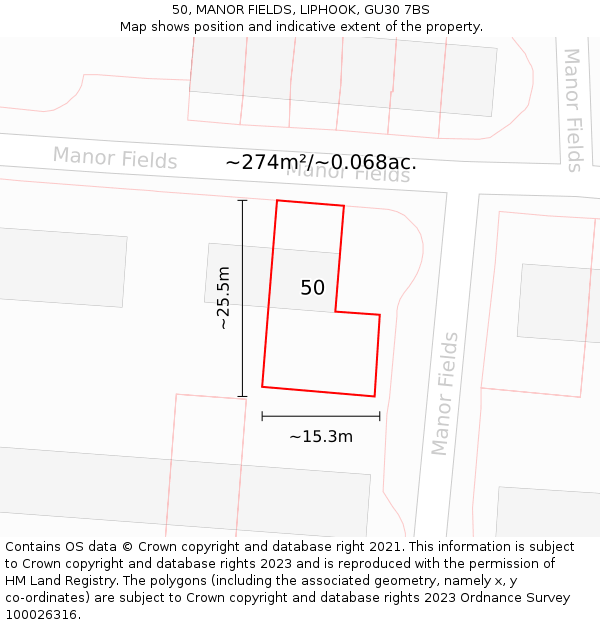 50, MANOR FIELDS, LIPHOOK, GU30 7BS: Plot and title map