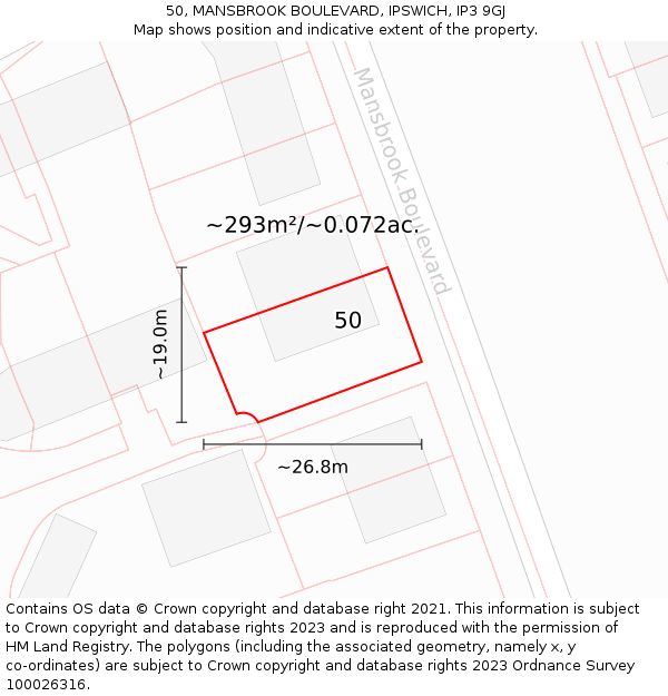 50, MANSBROOK BOULEVARD, IPSWICH, IP3 9GJ: Plot and title map