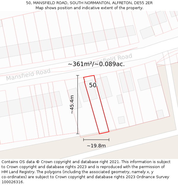 50, MANSFIELD ROAD, SOUTH NORMANTON, ALFRETON, DE55 2ER: Plot and title map