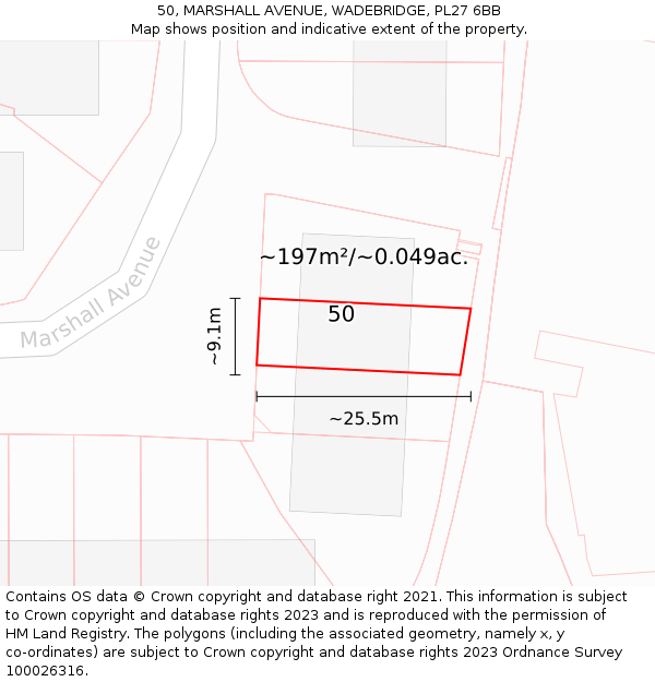 50, MARSHALL AVENUE, WADEBRIDGE, PL27 6BB: Plot and title map