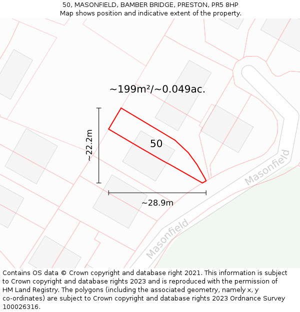 50, MASONFIELD, BAMBER BRIDGE, PRESTON, PR5 8HP: Plot and title map