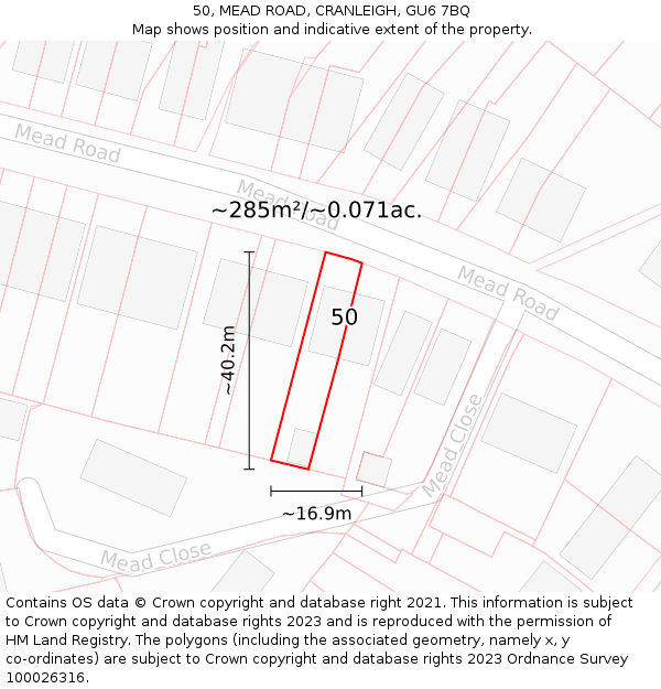 50, MEAD ROAD, CRANLEIGH, GU6 7BQ: Plot and title map