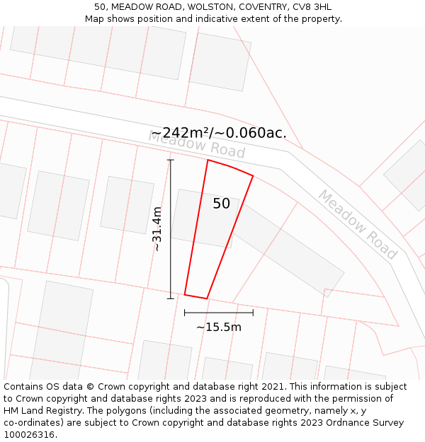 50, MEADOW ROAD, WOLSTON, COVENTRY, CV8 3HL: Plot and title map