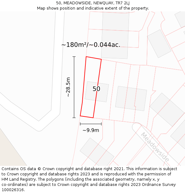 50, MEADOWSIDE, NEWQUAY, TR7 2LJ: Plot and title map
