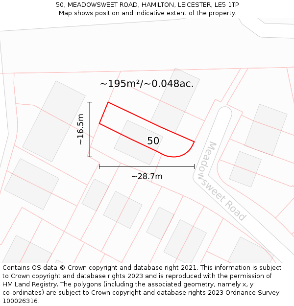 50, MEADOWSWEET ROAD, HAMILTON, LEICESTER, LE5 1TP: Plot and title map