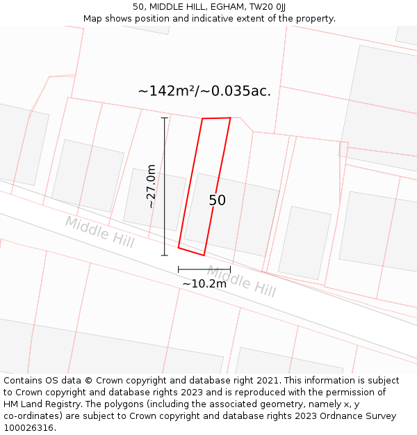50, MIDDLE HILL, EGHAM, TW20 0JJ: Plot and title map