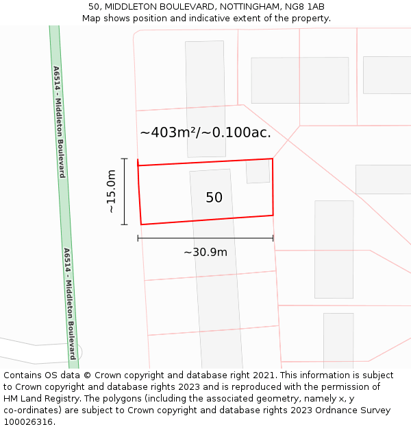 50, MIDDLETON BOULEVARD, NOTTINGHAM, NG8 1AB: Plot and title map