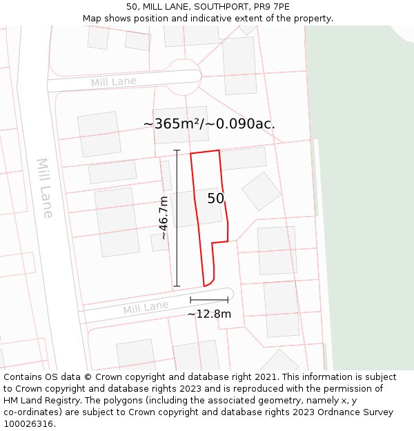 50, MILL LANE, SOUTHPORT, PR9 7PE: Plot and title map